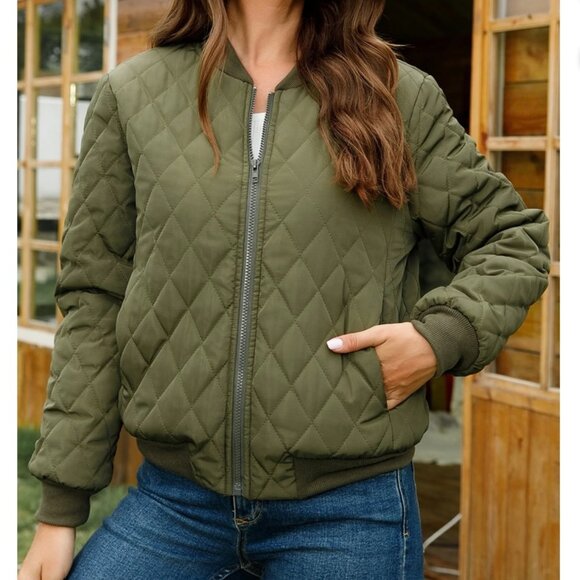 Quilted Bomber Jacket Olive Green Size XL - Picture 7 of 8